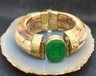 Vtg.  Hand - Made Moorish North Africa Cuff Bangle Bracelet Polished Green Jade Gem