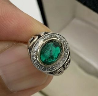 Vintage 1968 Sterling Silver High School Mini Class Green Gemstone Ring Charm