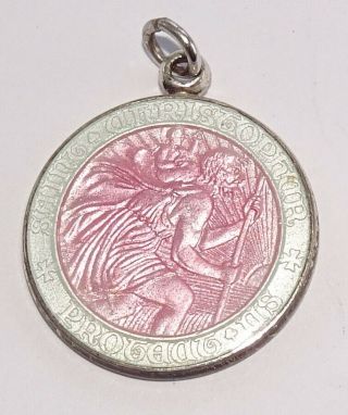 Vintage Creed Sterling Saint Christopher Pink & White Enamel Medal Charm Pendant
