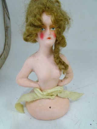 Antique German Composition Half Doll Lamp Pin Cushion Human Hair Boudoir Vintage