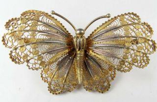 Stunning Vintage 1960s Large 3d Silver Gilt Filigree Butterfly Brooch