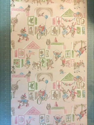 1960 ' s Vintage Wallpaper Playful Rabbits Owl Bears Pattern One Roll Pink 2