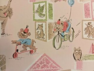 1960 ' s Vintage Wallpaper Playful Rabbits Owl Bears Pattern One Roll Pink 3