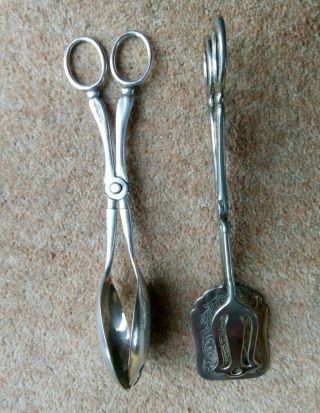 Vintage Silver Plated Cake Serving Tongs And Silver Plated Server Spoons