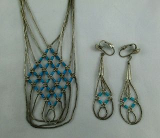 Vintage Southwestern Turquoise Liquid Silver Necklace Earring Set Sterling 367b