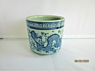 Vintage Chinese Hand Painted Porcelain Blue Dragon Brush Pot