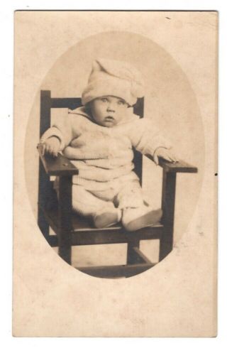 080920 Vintage Rppc Real Photo Postcard Cute Baby In Warm Knit Clothes,  Hat