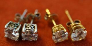 09 - 30 Two Pairs Of Sterling Silver (1 Gold Wash) & Cz Stones Stud Earrings