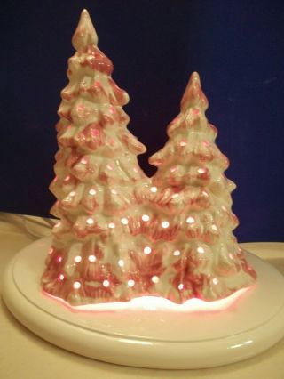 Snowy Pink Windy Double Pine Xmas Tree Light Ceramic No Tree Lights Vtg Style