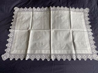 Edwardian Vintage White Cotton Butlers Tray Cloth Crocheted Edging & Embroidery