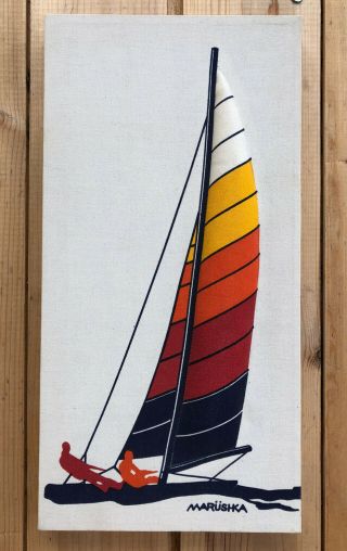 Vintage Marushka Art Rainbow Sailboat Boat Linen Silk Screen Beach Lake