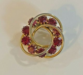 Vintage Gold Tone Ruby Red Rhinestones Circle Brooch Pin