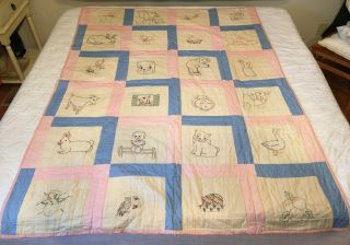 Handmade Vtg Baby Quilt Crib Coverlet Cute Animals Embroidered Pink/blue 57 X 78