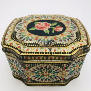 4 - 1/2” X 4” Vintage Painted Tin Hinged Lidded Tea Box The Metal Box Co.  England