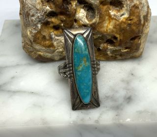 Vintage Navajo Bell Trading Post Sterling Silver Turquoise Long Ring (sz.  7.  25)