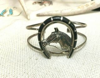 Vintage Sterling Silver And Onyx Channel Inlay Horseshoe Bracelet
