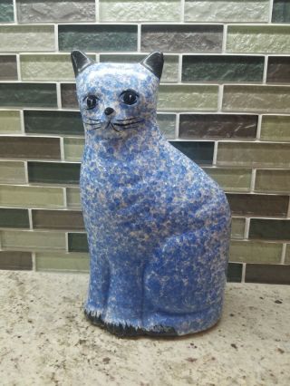 Vintage Ceramic Cat Coin Bank Hand Painted Blue Speckled Spatter 8.  5 " Tall