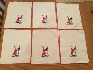 6 Vintage Cocktail Napkins.  Embroidered Sailboat, .  Sailor On Water 7x6”