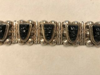 Vintage Heavy Mexican Silver Link Bracelet W/onyx Hand - Carved Tribal Faces