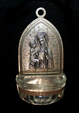 Vintage Metal And Glass Holy Water Font W Virgin Mary