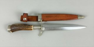 Vintage Stag Handle Double Edge Boot Knife Dagger W/ Leather Sheath