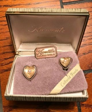 Vintage Krementz 14k Gold Overlay Heartshapcultured Pearl Screwback Earrings Iob