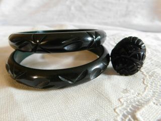 Group Of 3 Vintage Black Carved Bakelite Bangle Bracelets And Ring