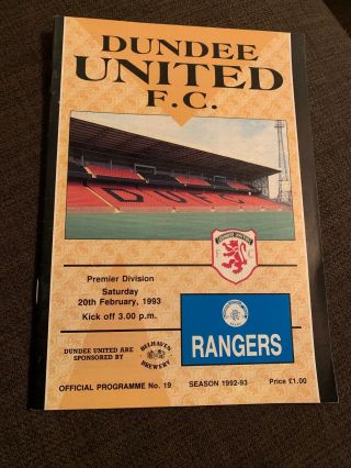 1993 Dundee United V Glasgow Rangers Football Programme