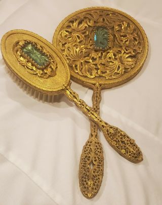 Vintage French Gold Gilt Filigree Ormolu Mirror Brush Set With Aquamarine Stone