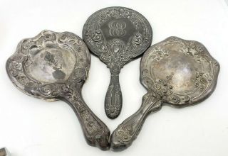 Antique Victorian Art Nouveau Silver Plated Hand Mirror Set Of 3