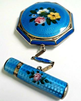 Antique B.  B.  Co Guilloche Enamel Vanity Compact With Lipstick Holder.  See