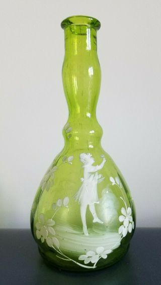 Antique Mary Gregory Green Barber Bottle Vase Girl Butterfly 7 3/4 "