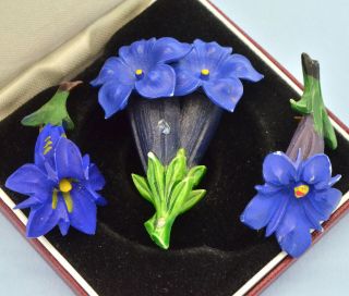 Vintage Brooches Trio Of 1940s Gentian Flowers Celluloid Hand Painted Jewellery