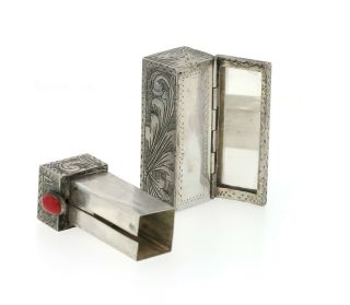 Vintage Ornately Carved Sterling Silver Lipstick Holder Case W/ Mirror