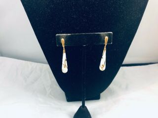 Vtg.  Crown Trifari White Enamel & Gold Tone Dangle Pierced Earrings