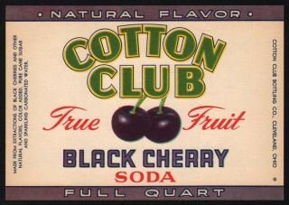 Vintage Soda Pop Bottle Label Cotton Club Black Cherry Fruit Pic Cleveland Ohio