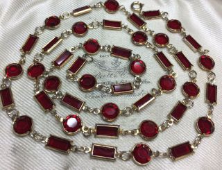 Vintage Jewellery Red Baguette & Round Bezel Set Crystal Necklace