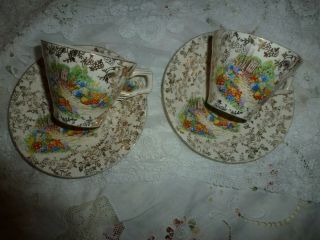 H & K Tunstall Vintage Cottage Gardens Tea Cups And Saucers