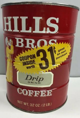 Vtg Hills Bros Coffee Red Can 31c Coupon Drip Grind 32 Oz 6.  5 " High No Lid