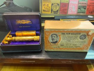 Vintage Gillette Standard Razor Gold Set With Shippers Box Old Stock