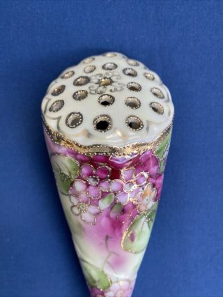 Antique Nippon Hat Pin Holder Wall Pocket Hand Painted Flowers Gold Trim 2