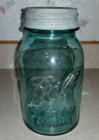 Vintage Ball Perfect Mason Blue Glass Canning Jar Zinc Lid 1 Quart 10 Ten