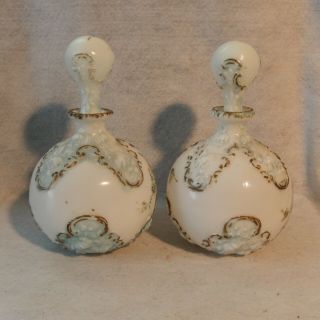 Antique Victorian Milk Glass Gold MATCHED Set BARBER Bottle Vanity Dresser Large 2