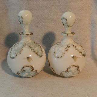 Antique Victorian Milk Glass Gold MATCHED Set BARBER Bottle Vanity Dresser Large 3
