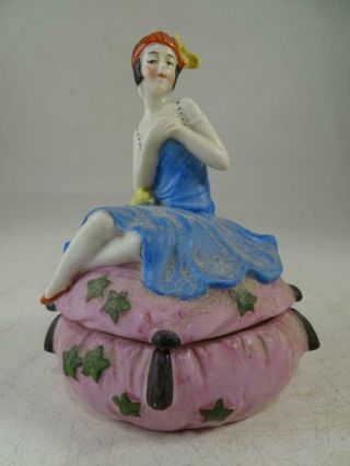 Antique German Covered Powder Jar Art Deco Flapper Pillow Top Figural Lady Girl