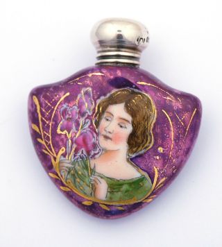 Antique Vintage Perfume Scent Bottle - Ceramic With Silver Top - Art Nouveau 1904