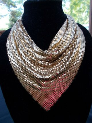 Whiting And Davis Signed Vintage Gold Tone Mesh Bib Necklace