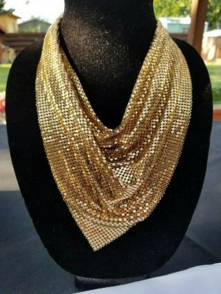 WHITING AND DAVIS SIGNED VINTAGE GOLD TONE MESH BIB NECKLACE 3