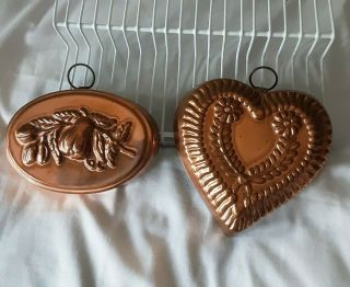 Set Of 2 Small Vintage Metal Tin Copper Molds Heart And Oval Fruit