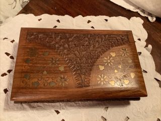 Vintage Indian Hand Carved Wooden Trinket Box Inlaid With Brass & Carved Flowers